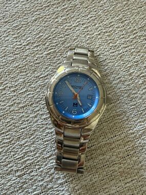 Michael Kors Silver Watch with Blue Dial and Orange Second Hand